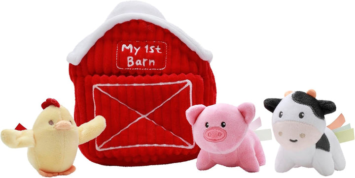4 Piece Plush My First Purse Play Set with Sensory Toys and Bonus Teether Keys for Baby, Pink Stripe, 8 Inch