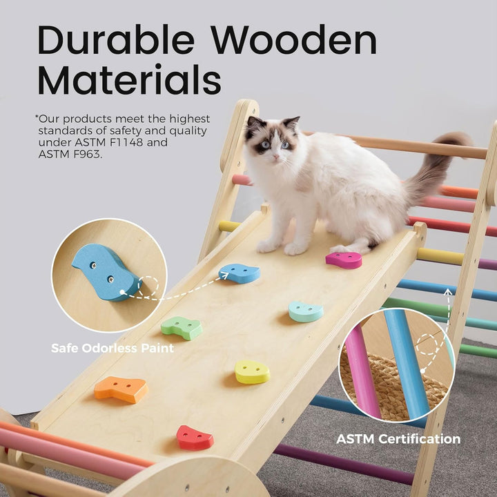 Pikler Triangle Set, 7-In-1 Foldable Pikler Triangle Climbing Toys Set for Kids,Baby Indoor Playground Jungle Gym, Wooden Montessori Climbing Set for Toddler (Rainbow)