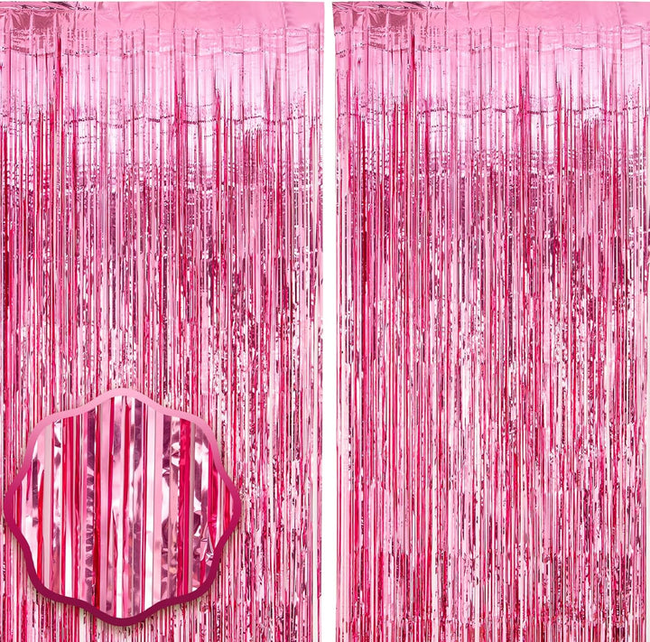 2 Pack Laser Pink Tinsel Foil Fringe Curtains, Mothers Day Pink Decorations, Metallic Tinsel Party Streamers Backdrop for Birthday Bachelorette Graduation Wedding Party Decorations
