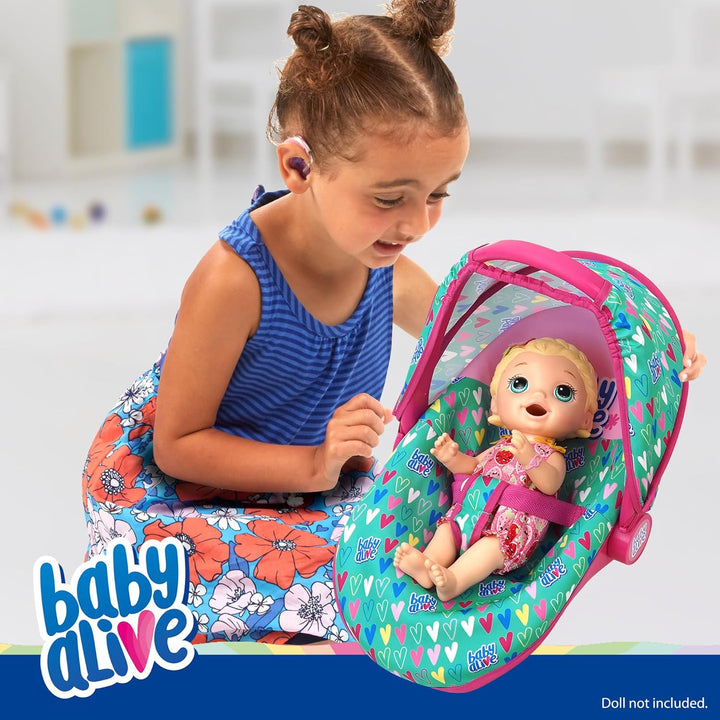 : Deluxe Doll Car Seat - Green, Pink, Hearts - Accessory for Dolls up to 18", Portable, Transform to Lounge Seat, Canopy, Kids Toy Ages 3+
