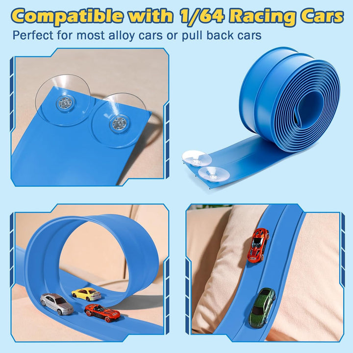 Flex Tracks 15 Ft Starter Set Flexible Race Track for Kids 3+, Race Car Ramp Track Compatible with Hot Wheels and Diecast 1/64Th Cars, Portable Rolls up Race Tracks with Strong Suction Cups