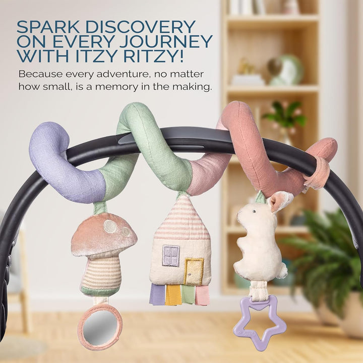 Spiral Car Seat & Stroller Activity Toy - Stroller & Car Seat Toys for Ages 0 Months and up - Hanging Toys Include Dangling Ring, Mirror and Textured Ribbons (Pastel Rainbow)