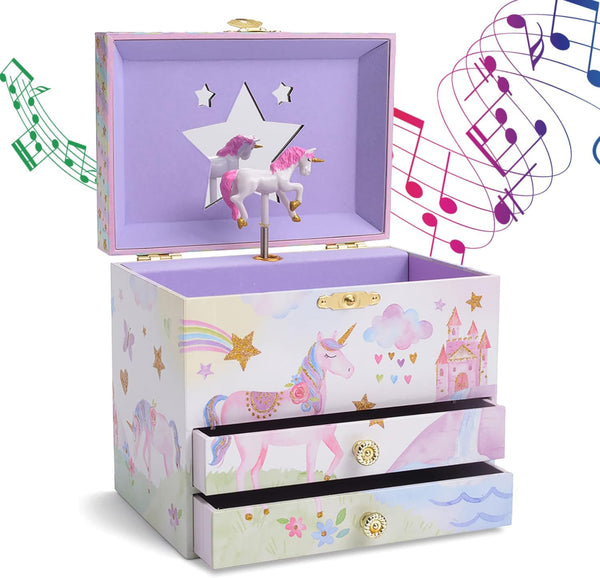 Enchanting Unicorn Musical Jewelry Box for Girls - Sparkling Rainbow Design Music Box with 2 Pullout Drawers to Store Earrings, Necklace and Bracelets - Plays the Beautiful Dreamer Tune