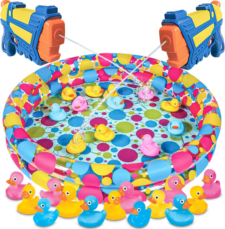 Duck Pond Matching Carnival Game for Kids, 36" X 6" Inflatable Pool & 20 Plastic Ducks with Numbers, Water Outdoor Game for Kids, Fun Memory Game for Backyard, Birthday Party Field Day Games