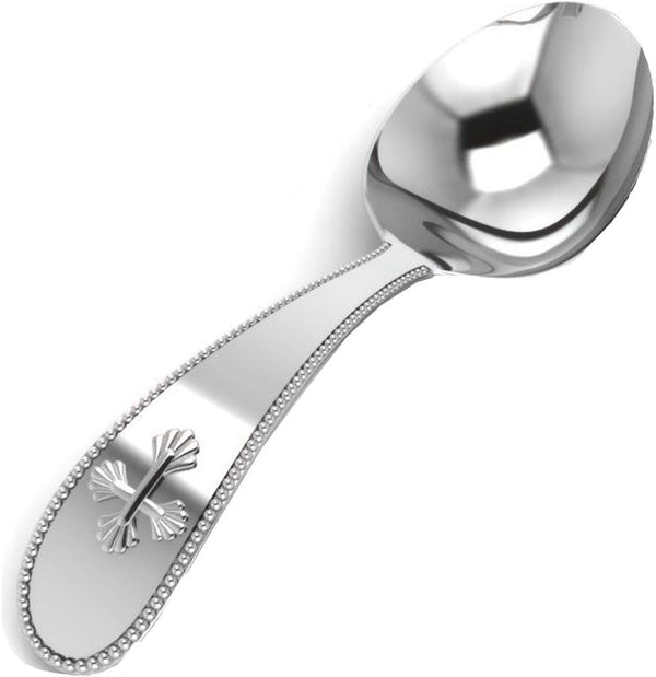 Sterling Silver Beaded Cross Feeding Spoon - Premium Quality Food Grade Standard .925 Solid Sterling Silver Spoon - Engravable Gift for Baby with a Beautiful Gift Box