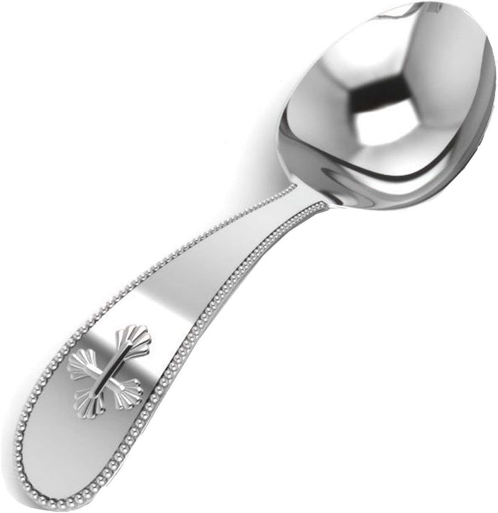Sterling Silver Beaded Cross Feeding Spoon - Premium Quality Food Grade Standard .925 Solid Sterling Silver Spoon - Engravable Gift for Baby with a Beautiful Gift Box