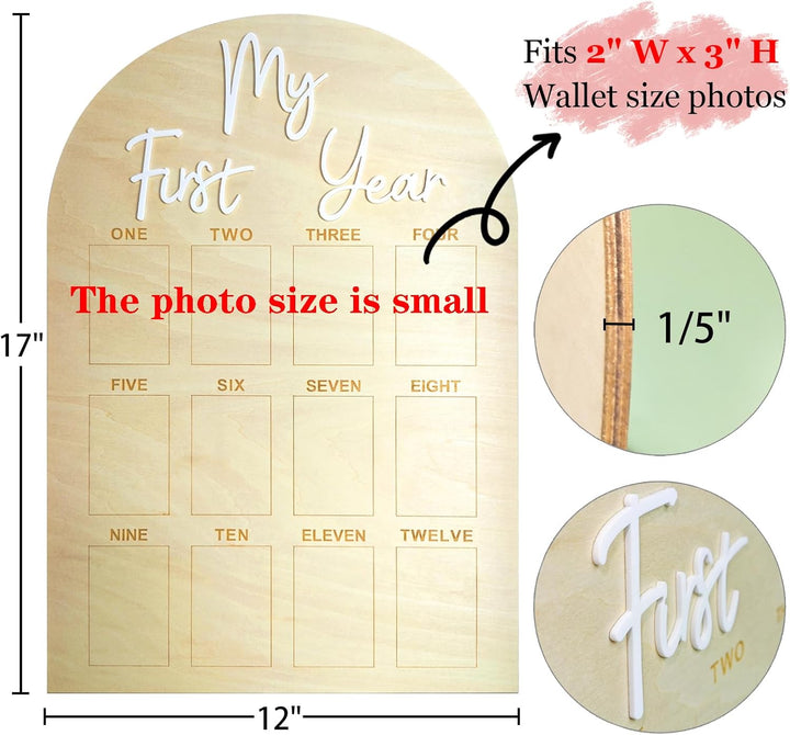 One Year Birthday Wooden Photo Board My First Year Milestone Photo Board 12 Monthly Picture Frame Baby First Year Wood Acrylic Sign 1St Birthday Decorations Baby Keepsake Gift (2" X 3" Photos - Wallet Size)
