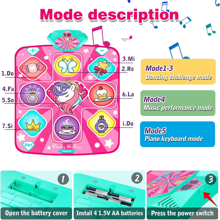 Unicorn Dance Mat, Dance Mixer Rhythm Step Play Mat, Pink Dance Pad with LED Lights, Adjustable Volume, Built-In Music, 5 Game Modes, Xmas B-Day Gifts for 3-12 Years Old Girls Toys