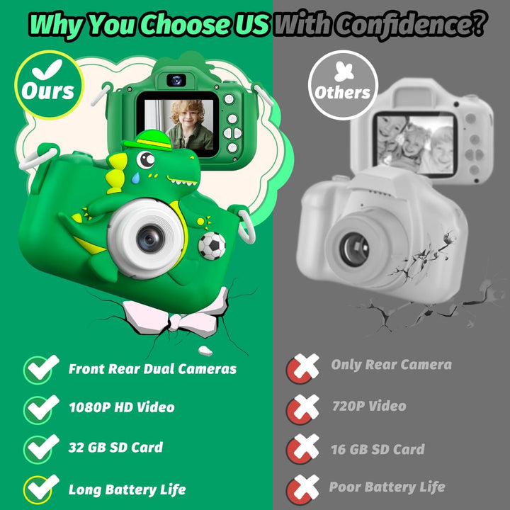 Dinosaur Kids Camera for Boys Girls, Toddler Digital Selfie Camera with Cute Protective Cover and 32G SD Card, Christmas Birthday Gifts Toys for 3 4 5 6 7 8 9 10 11 12 Years Old Little Girls and Boys