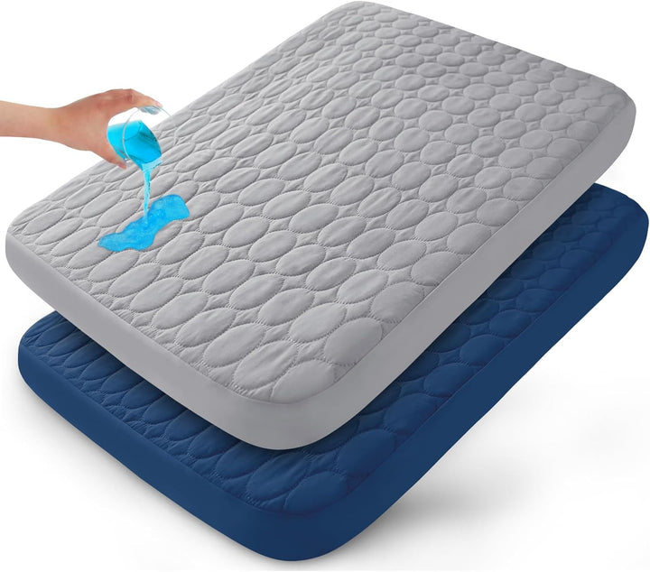 Pack and Play Sheets Fitted Quilted Waterproof Protector, 2 Pack Playard Mattress Pad Compatible with Graco Pack N Play, Mattress Cover Fits for Baby Playpen Mattress, Mini Crib, Gray & Navy Blue