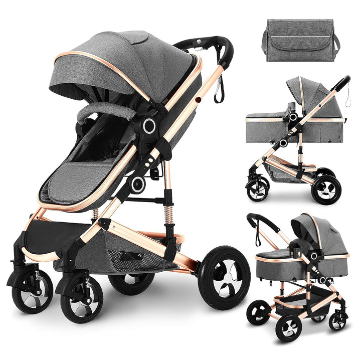 2 in 1 Convertible Baby Stroller, Folding High Landscape Infant Carriage, Newborn Reversible Pram, Diaper Bag, Anti-Shock Toddler Pushchair Stroller, Dark Grey