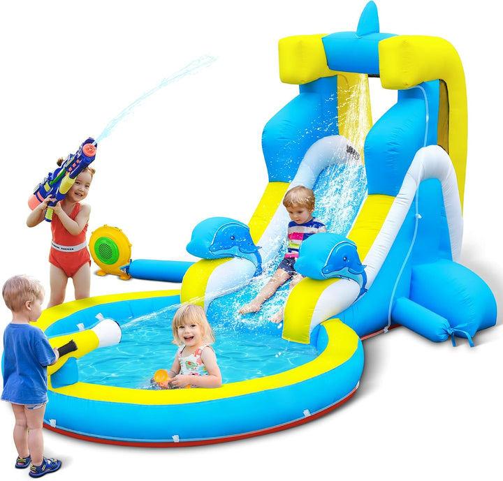 Inflatable Water Slide: 6 in 1 Bounce House Water Park for Kids - Climbing Wall Splash Pool 2 Water Cannon 2 Slide Basketball Rim - 550W Blower - for Outdoor Backyard Birthday Party