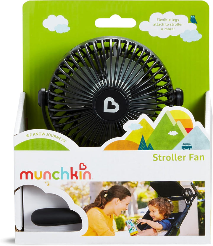Stroller Fan - Portable Fan for Travel, Baby Gear Accessory with 4 Speeds, Flexible Clip-On Leg Attachment, Rechargeable Battery, Black with Multicolored LED Lights