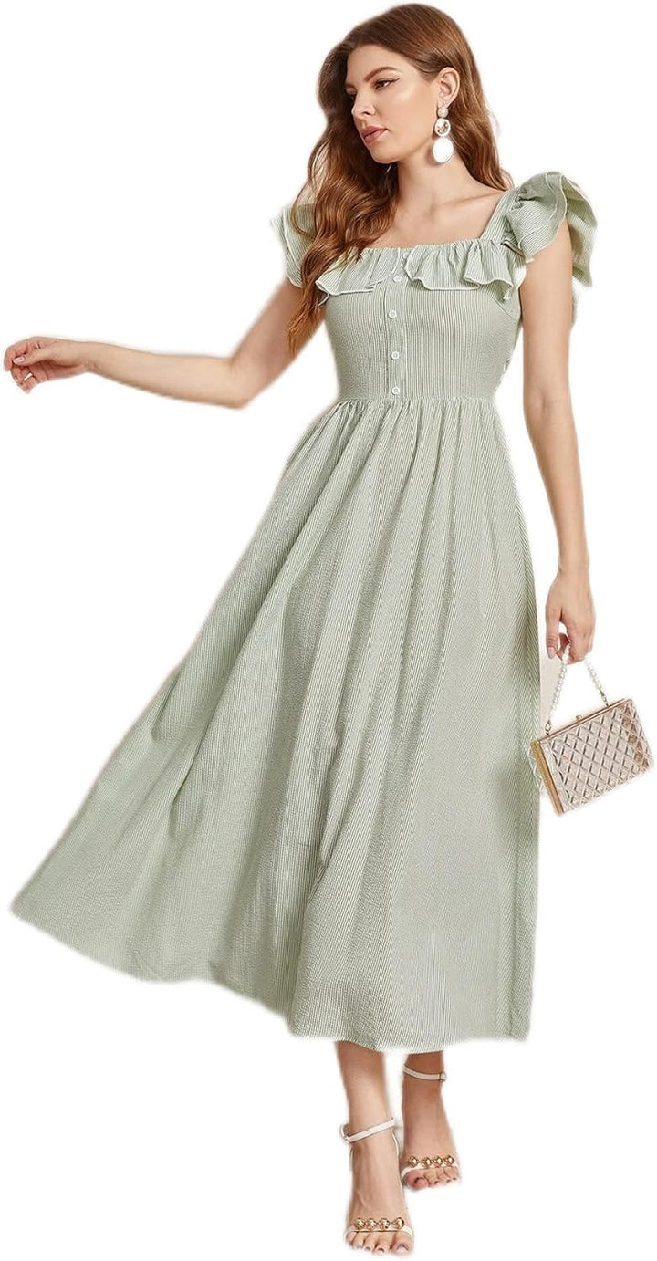 ROLVK Women'S Casual Dresses Ruffle Armhole Striped Dress Charming Mystery Special Beautiful