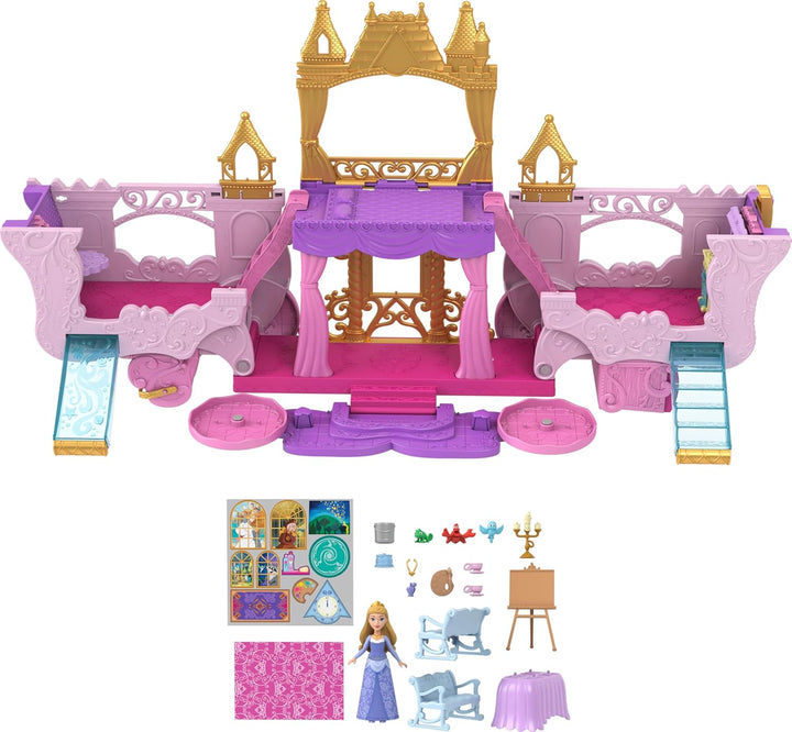 Disney Princess Toys, Carriage to Castle Transforming Playset with Aurora Small Doll, 4 Figures, Furniture & Accessories