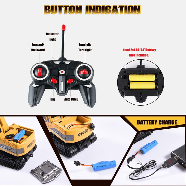 Construction Excavator Toy - Kids Toy Engineering Digger Truck, Remote Control Rechargable Hydraulic Car for 3 4 6 7 8 Year Old Boys Girls, Educational Toys for Kids & Children