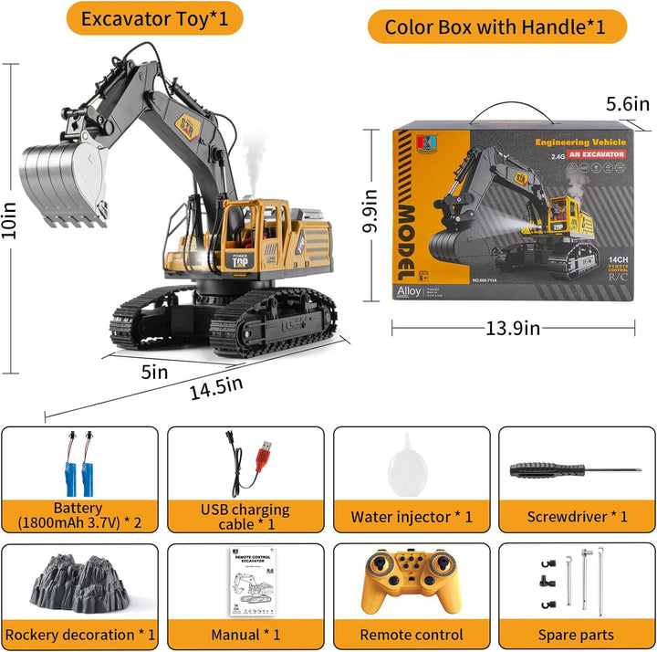 Remote Control Excavator Toys for Boys,14 Channel RC Digger Construction Toys Tractor,Simulated Smoke, Sound, Lighting, Metal Digging Head, for Boys 6 7 8 9 10 11 12