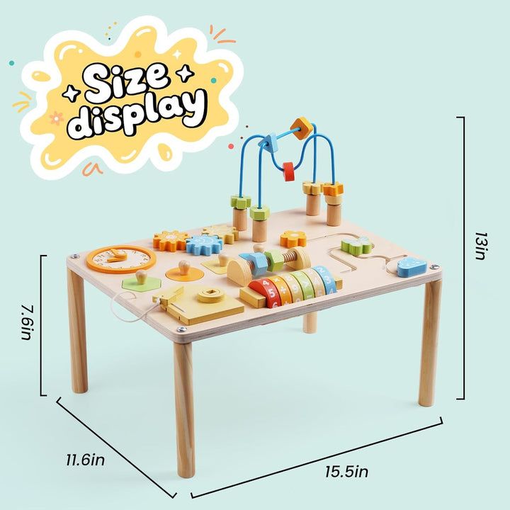 Activity Table for 1+ Year Old, 8-In-1 Wooden Montessori Activity Center Table with Shape Sorter Math Game Bead Maze, Baby Sensory Toy Learning Toys for Toddler First Birthday Gift