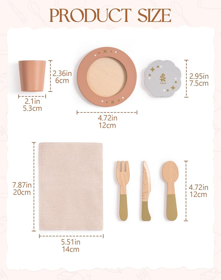 4-Set Wooden Play Dishes Set - Montessori-Inspired Play Food Accessories for Kids, Pretend Play Kitchen Set for Toddlers, Role Play Gift for Boys and Girls