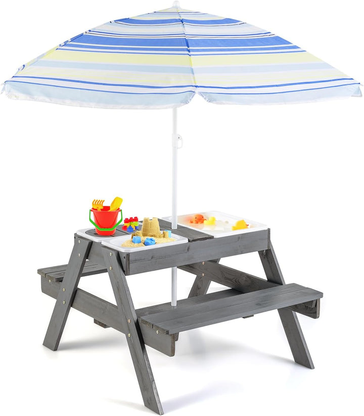 Kids Picnic Table, 4 in 1 Sand and Water Tables W/Detachable Tabletop, 2 Removable Play Boxes, Foldable & Height Adjustable Umbrella, Wood Sensory Table and Bench for Outdoors, Indoors (Brown)