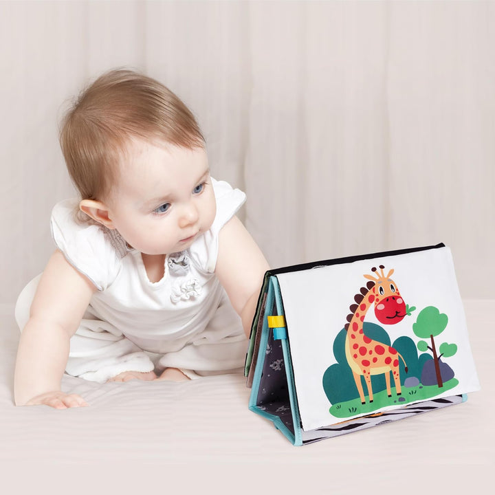 Tummy Time Mirror for Babies - High Contrast Book with Large Stimulating Baby Safe Mirror & Silicone Teether & Crinkle Pages - Perfect Tummy Time Toys for Babies 0 3 6 9 Months