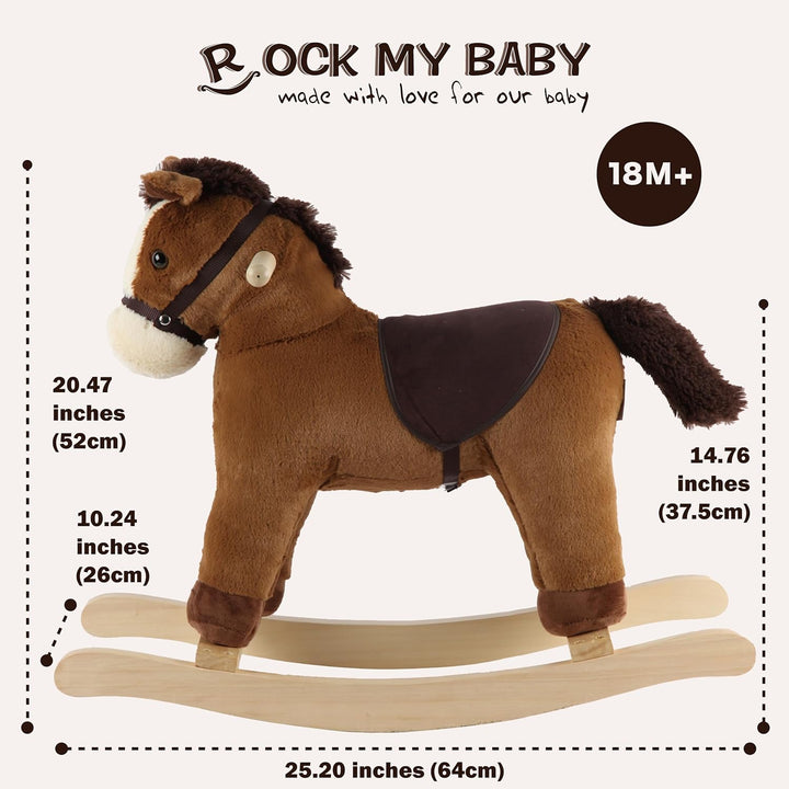 Rocking Horse, Dark Brown Horse Rocker for Toddlers 18M+, Plush Ride on Horse Toy with Realistic Sound,Soft Stuffed Filling, CPC Certified