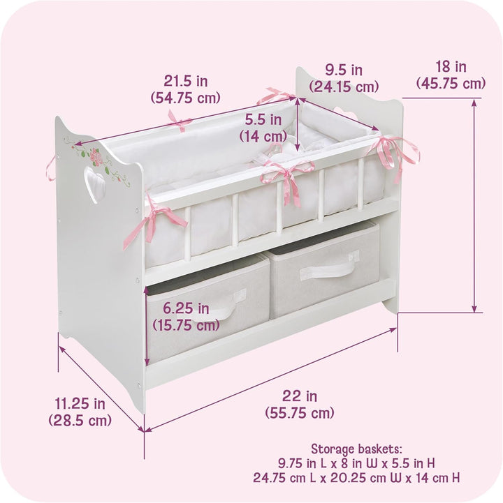Wooden Doll Bed with Bed Liner, Pillows and Two Storage Baskets - Fits 18" Dolls - Ideal for Pretend Play and Baby Doll Fun - White/Rose Design with Free Personalization Kit