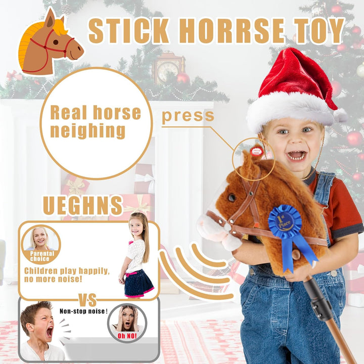 Stick Horse, Hobby Horse on a Stick for Kids Ages 4-12 Adjustable 30-52" with Illuminated Silent Wheels Comfortable Sponge Wrapped Complimentary AA Batteries Realistic Horse Neighs. (Brown-Blue)