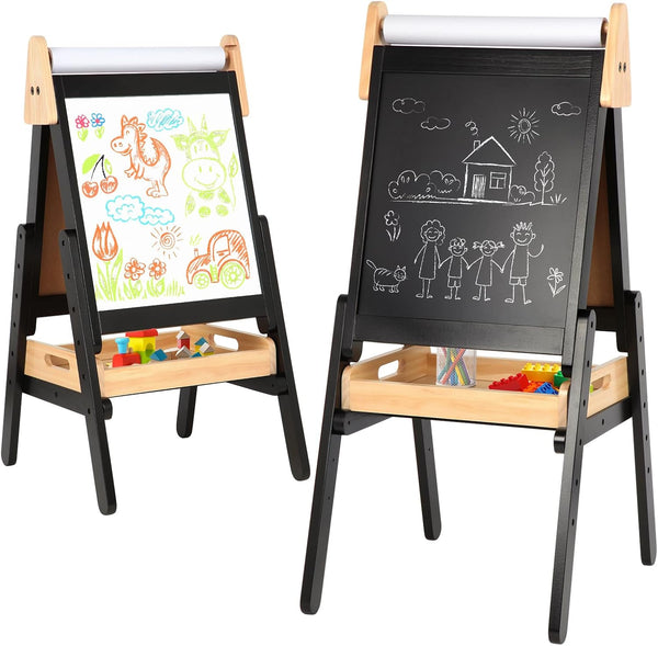 3 in 1 Easel for Kids with Wood Tray, Double Sided Kids Easel with Paper Roll,Magnetic Chalkboard & White Board Height Adjustable Painting Standing Drawing Board for Toddlers Childrens 2-5 (Black)