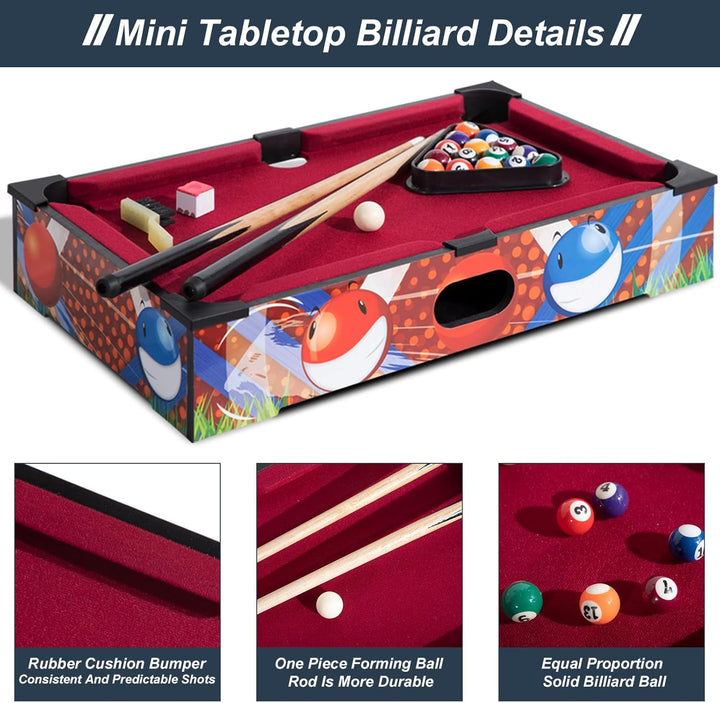 20" Mini Pool Table Set, Small Tabletop Pool Table, Portable Billiards Game Includes Small Billiards Balls, Pool Cues, Triangle Rack, Chalk, Brush for Family