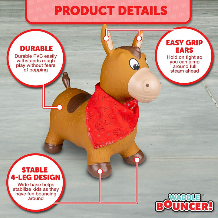 Bouncy Animal Hopper - Inflatable Hopping Animals, Indoors and Outdoors Fun, Pump Included, Riding Toys for Boys and Girls Ages 2 Years and Up, Brown Horse