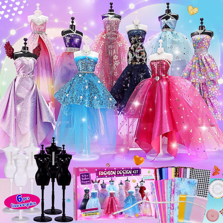 800+Pcs - Fashion Designer Kit for Girls with 6 Mannequins - Arts and Crafts Kit- Sewing Kit for Kid Ages 8-12 -Girl Gift Age 6 7 8 9 10 11 12-Gifts for Teen Girls