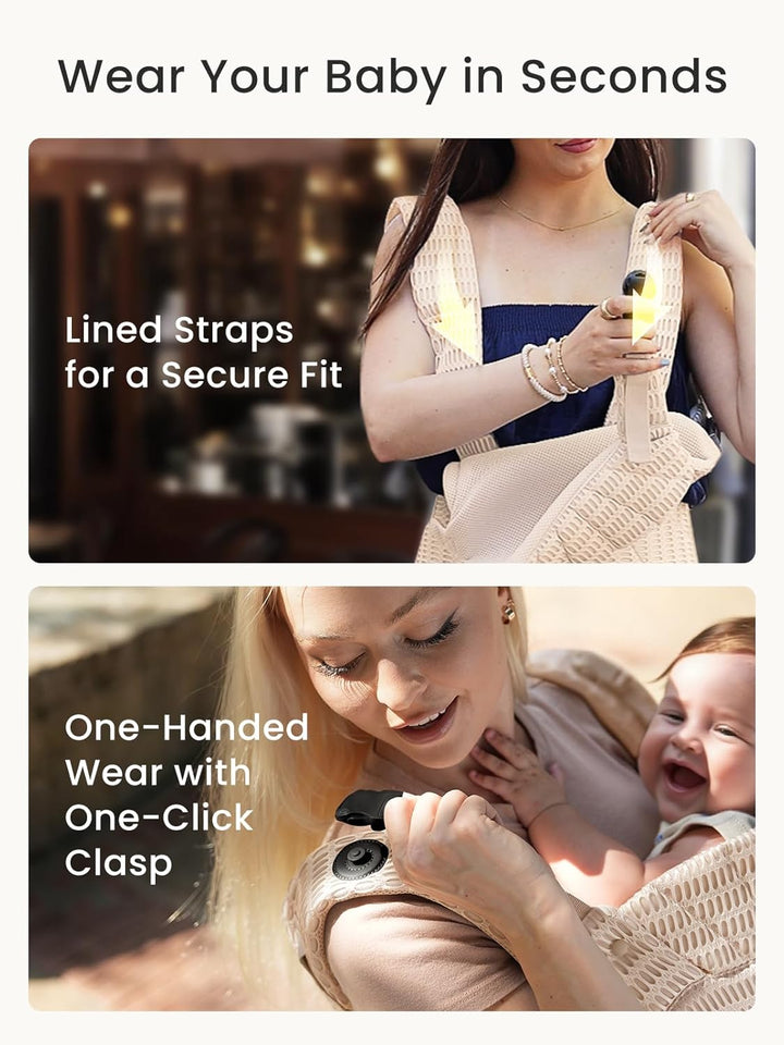 Baby Carrier Newborn to Toddler, Breathable Mesh Carrier(7-44Lbs) with One-Click Sliding Clasp, Head Support, Ergonomic Design and Hands-Free Comfort, Almond Beige