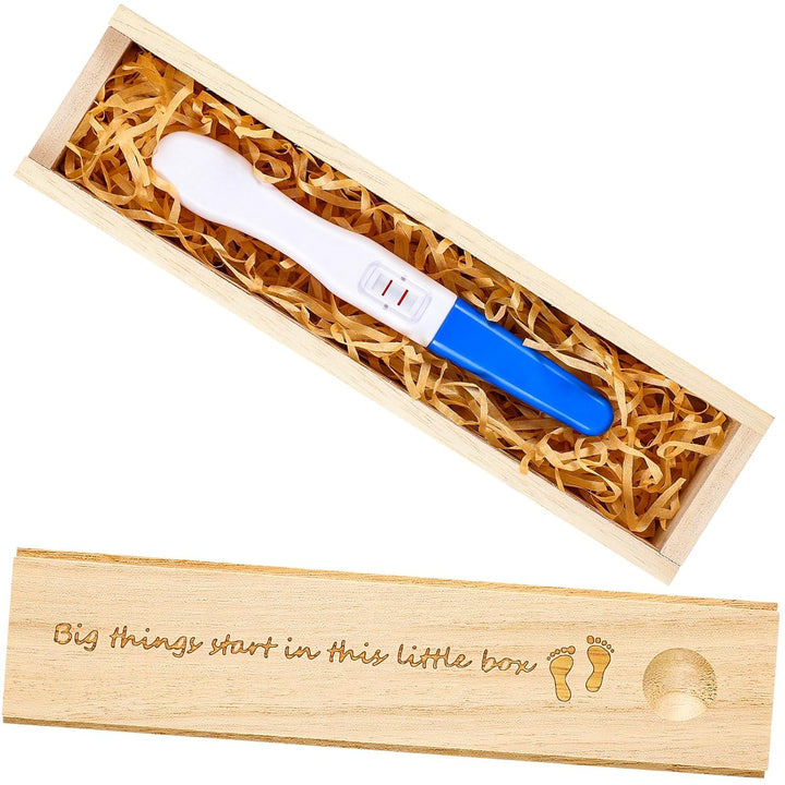 Pregnancy Test Keepsake Box Surprise Pregnancy Announcement Box Wooden Baby for Husband Grandparents Baby Memory Souvenir Collection Case with Raffia Ribbon(Classic)