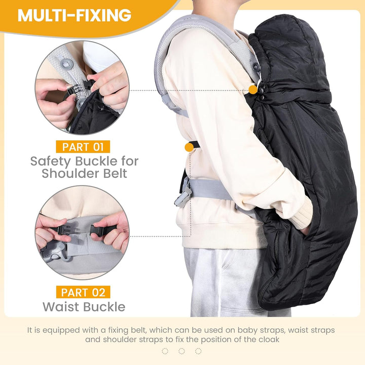 Winter Baby Carrier Cover with Detachable Hood, Waterproof & Windproof, Universal for Baby Carriers and Baby Waist Stool, Baby Bunting Bag for Car Seats and Strollers with Storage Bag, Black
