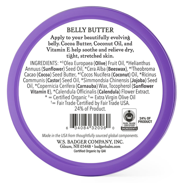 Belly Butter, Organic Stretch Mark Cream for Pregnant Belly, Rich Hypoallergenic Moisturizing Organic Cocoa Butter & Coconut Body Butter for Women, 2 Oz Tin
