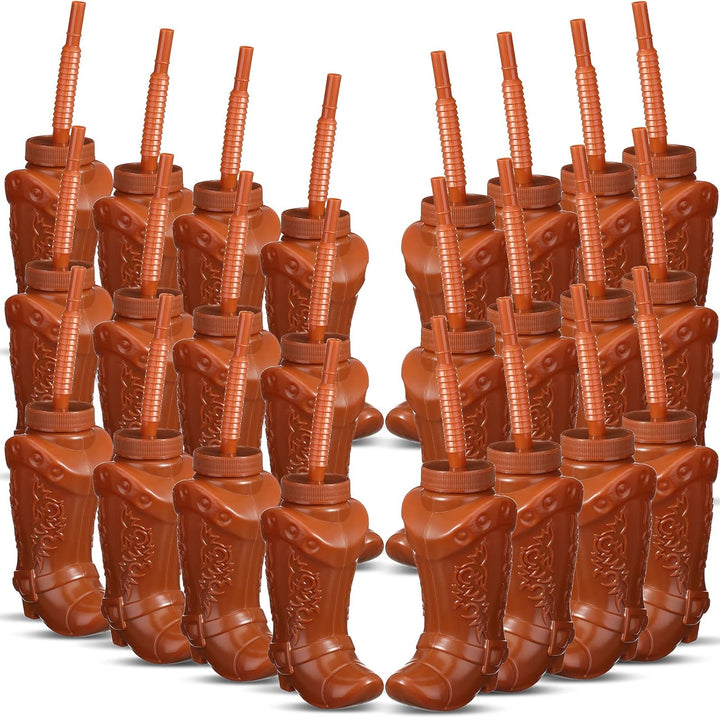 12 Pcs 10 Oz Plastic Cowboy Boot Cups with Straws and Lids Plastic Cowboy Cups for Western Themed Party Supplies and Rodeo Party Decorations (Brown)