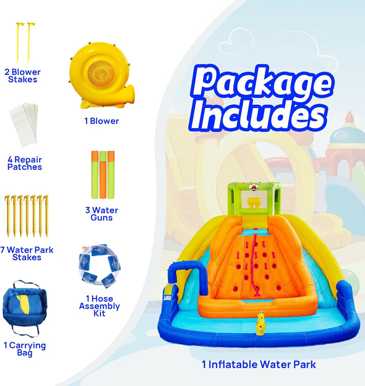 Inflatable Water Slide, Bounce House with Water Bucket, Deep Pool, Climbing Wall with Rope, Bouncy Castle with Air Blower