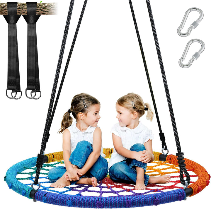 750Lbs 40" Spider Web Saucer Tree Swing for Kids Adults, Outdoor Net Swing with Steel Frame and 2 Hanging Straps-Blue