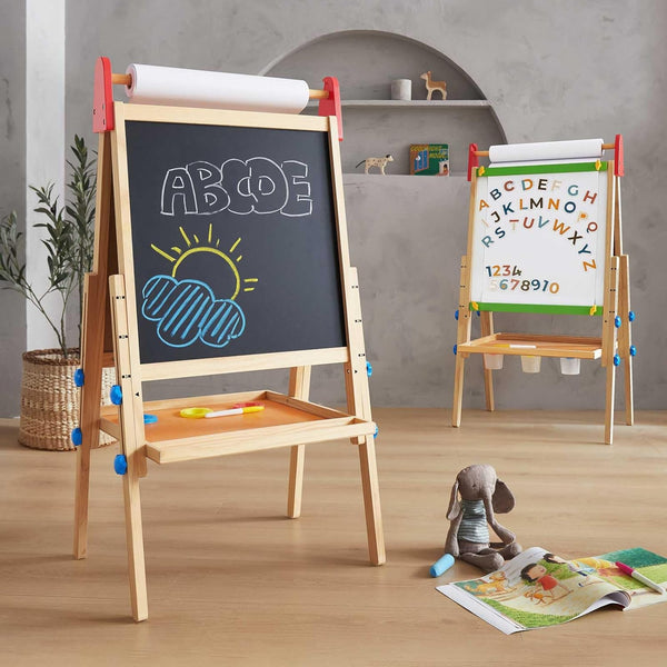 Easel for Kids with 2 Drawing Paper Roll, Learning-Toy for 3,4,5,6,7,8 Years Old Boy & Girls, Wooden Chalkboard & Magnetic Whiteboard & Painting Paper Stand, Gift & Art Supplies for Toddler