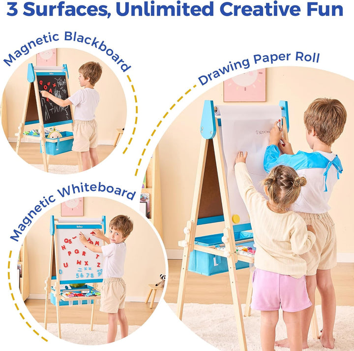 All-In-One Art Easel for Kids, Adjustable Double Sided Wooden Easel for Toddlers with Magnetic Whiteboard & Chalkboard, Paper Roll, Art Supplies, Child Painting Easel for Kid 2-8 Birthday Gift