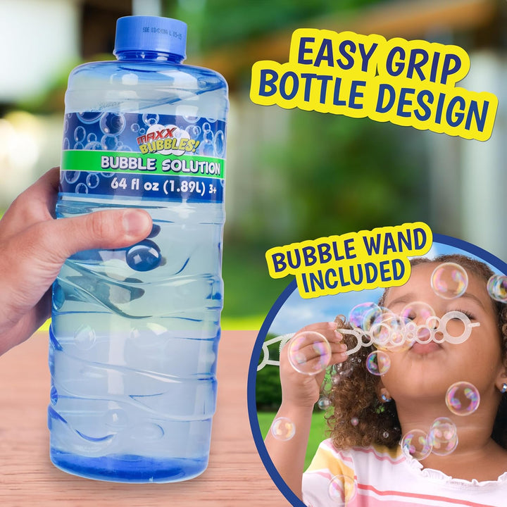 Bubble Solution Refill with Wand 64Oz Non Toxic (1/2 Gallon), Kids Easy Grip Bottle Refill for Bubble Machine, Bubble Wands, Bubble Toys