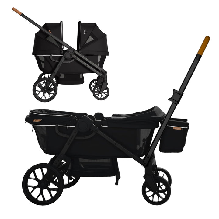 Tandem Wagon Stroller for 2 Kids, All-Terrain with Removable Uv-Protection Canopy, Adjustable Push/Pull Handle, Snack Tray & Cup Holders, Perfect for Baby and Toddler (Black)