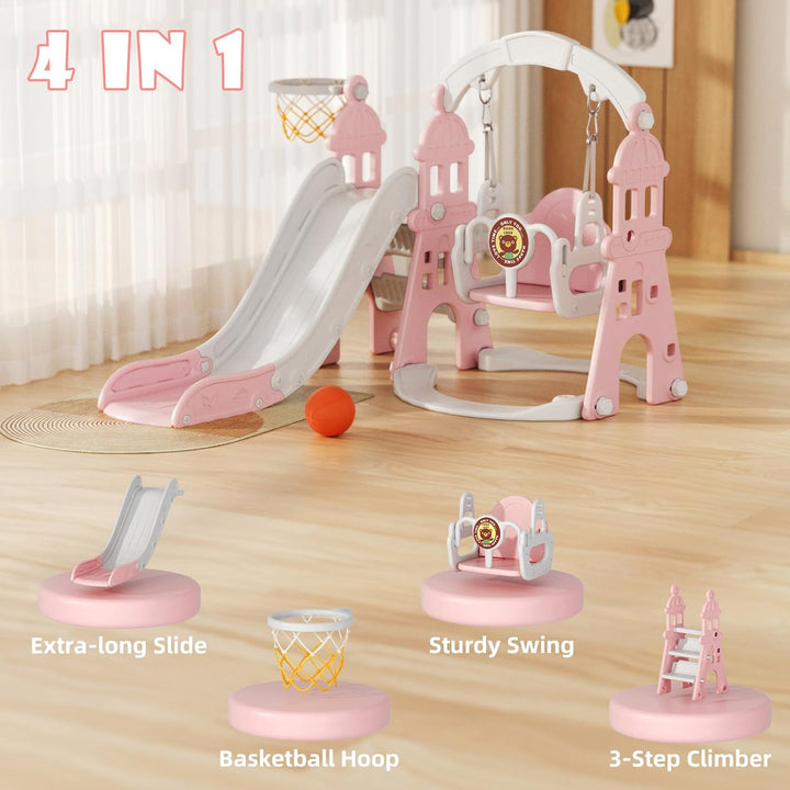 4-In-1 Kids Slide and Swing Set, Toddler Slide with Basketball Hoop, Swing, Outdoor Indoor Playground for Toddlers 1-3 (4 in 1-Pink)