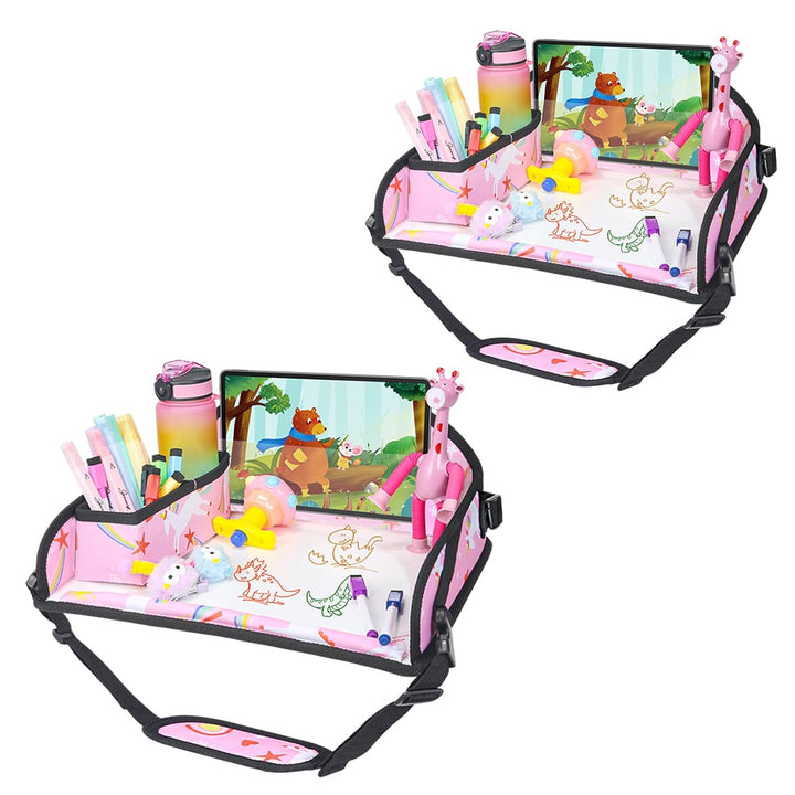 Kids Travel Tray for Car Airplane - Car Seat Tray for Kids Travel, Toddler Carseat Lap Table, Road Trip Essentials, Lap Desk for Kid Roadtrip Activities, Pink Unicorn