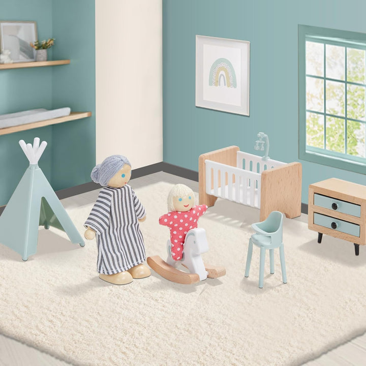 36Pcs Wooden Dollhouse Furniture Set 5 Rooms with 4 Family Dolls, Wood and Plastic Blue Dollhouse Accessories, Pretend Play Furniture Toys Christmas Birthday Gift for Boys Girls & Kids Toddlers 3Y+