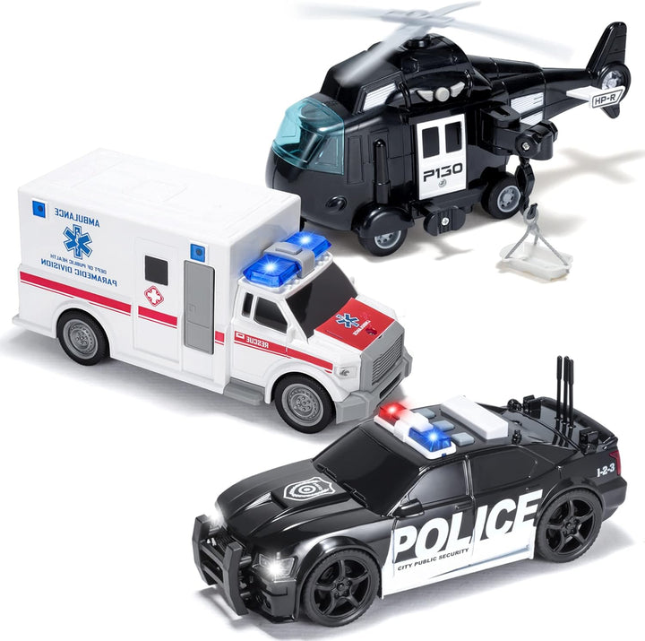 Toddler Truck Toys for 3 4 5 6 7 Year Old Boys - Police Car Toy Set, Emergency Vehicle Playset, Friction Powered Car with Lights and Sounds, Christmas Birthday Gifts for Boys Girls Age 3-9