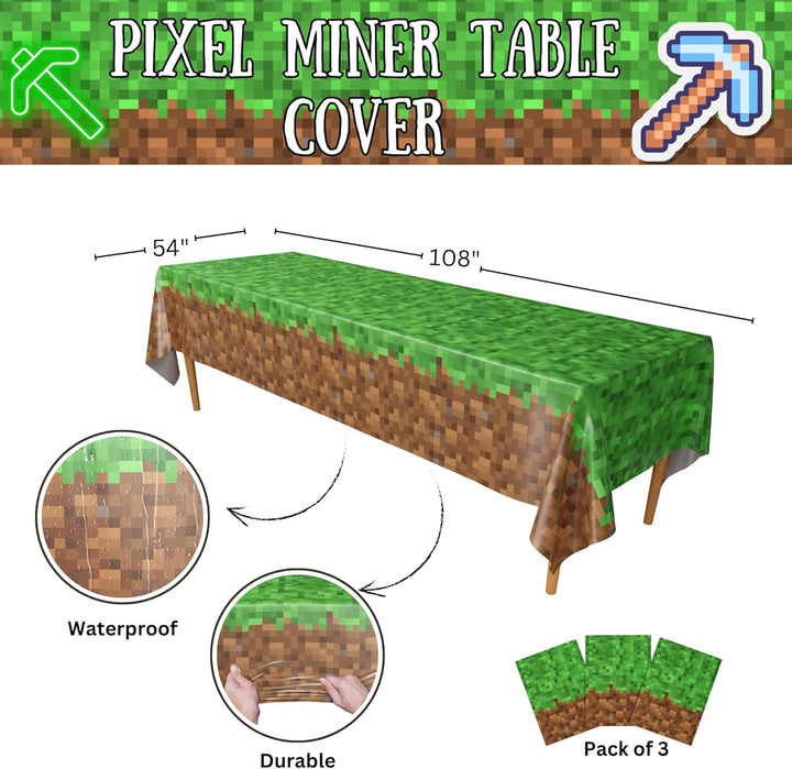 Pixel Miner Table Cover (Pack of 3) - 54"X108" XL - Gamer Party Supplies, Mining Craft Party Decorations