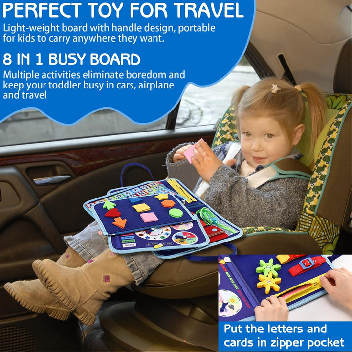 Toddler Busy Board Montessori Toys for Boys, Sensory Board Educational Activities for Learning Fine Motor Skills, Birthday Gifts for Boys Toddlers, Travel Toys for Airplane Car, Blue Dinosaur