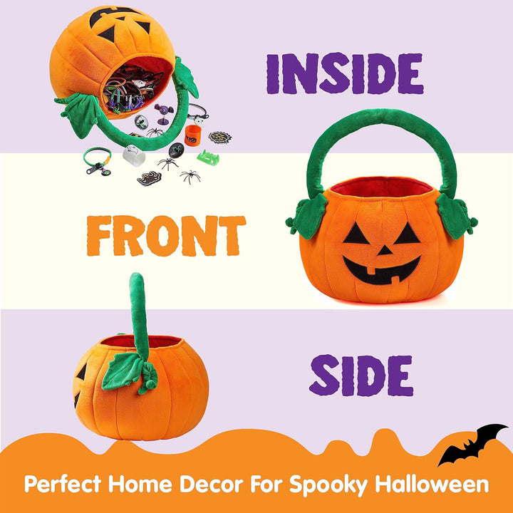 Halloween Pumpkin Plush Tote Bucket, 11 X 13.4 Inches Candy Trick or Treat Bag, Cute Halloween Basket with Handle for Kids Girl Boy Trick or Treating, Party Favor Supplies , Kids Gifts Goody Bag